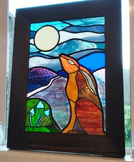 Hare, moon and blue mushrooms in antique oak frame